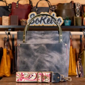 SoRetro Verdura Perfect FYG Leather Crossbody Tote – Piazza di Sambuco with Exclusivo Palm Party Pink Light on Khaki Cotton Webbing – Bronze Hardware