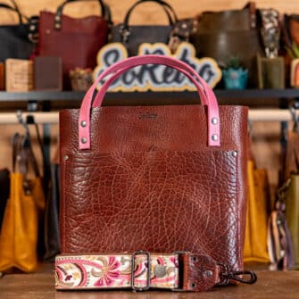 SoRetro Perfect FYG Leather Crossbody Tote – Thicc Boi Super Chunk Rose Mousse with Exclusivo Palm Party Pink Light on Khaki Cotton Webbing – Gunmetal Hardware