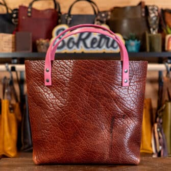 Alternative view of SoRetro Perfect FYG Leather Crossbody Tote – Thicc Boi Super Chunk Rose Mousse with Exclusivo Palm Party Pink Light on Milk Chocolate Cotton Webbing – Gunmetal Hardware