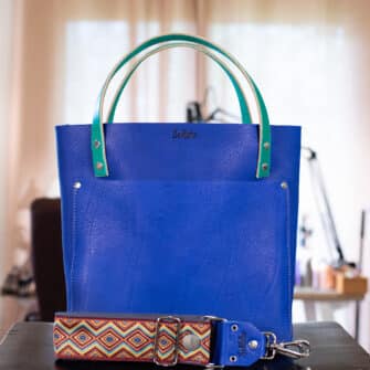 SoRetro Especial Reservo Perfect FYG Leather Crossbody Tote – Cobalt Birb with Diamonds in the Fall Wide on Dark Plum Cotton Webbing – Silver Hardware
