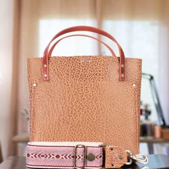 SoRetro Limited Perfect FYG Leather Crossbody Tote – Sandy Shores Sakura with Limited Cable Cardi Rose on Dark Cherry Cotton Webbing – Bronze Hardware