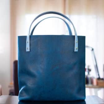Alternative view of SoRetro Perfect FYG Leather Crossbody Tote – Smash Abyss with Exclusivo Grove Park Gardens Periwinkle on Dusty Blue Cotton Webbing – Silver Hardware