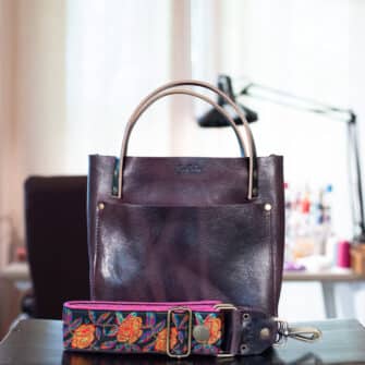 SoRetro Especial Reservo Mini FYG Leather Crossbody Tote -  Montauk Tidelight with Limited KaleidoRose Electric on Raspberry Cotton Webbing – Bronze Hardware