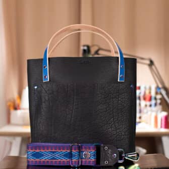 SoRetro Perfect FYG Leather Crossbody Tote – Midnight Rider with Limited Skyway Portal on Violet Cotton Webbing – Chromalusion Hardware