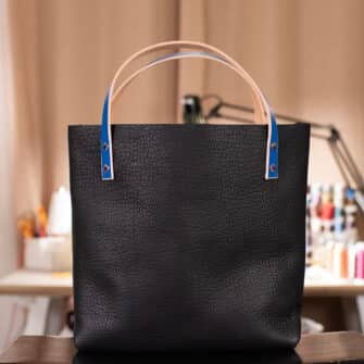 Alternative view of SoRetro Perfect FYG Leather Crossbody Tote – Midnight Rider with Limited Skyway Portal on Violet Cotton Webbing – Chromalusion Hardware