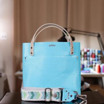 SoRetro Limited Verdura Mini+ FYG Leather Crossbody Tote – Hypnotic Sky Dot with Limited Moving Forward South Beach on Light Gray Cotton Webbing – Silver Hardware