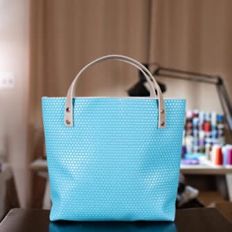 Alternative view of SoRetro Limited Verdura Mini+ FYG Leather Crossbody Tote – Hypnotic Sky Dot with Limited Moving Forward South Beach on Light Gray Cotton Webbing – Silver Hardware