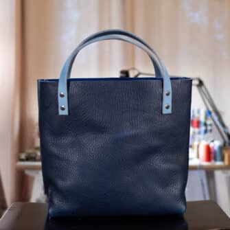 Alternative view of SoRetro Especial Reservo Perfect FYG Leather Crossbody Tote – Apostle Islands with Serape Stripes Surprise on Dusty Blue Cotton Webbing – Gunmetal Hardware