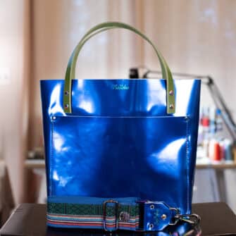 SoRetro Verdura Perfect FYG Leather Crossbody Tote – Caspian Cobalt with Serape Stripes Surprise on Cobalt Cotton Webbing – Chromalusion Hardware