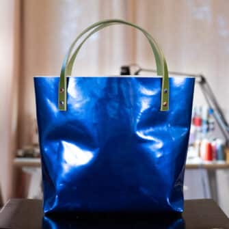 Alternative view of SoRetro Verdura Perfect FYG Leather Crossbody Tote – Caspian Cobalt with Serape Stripes Surprise on Cobalt Cotton Webbing – Chromalusion Hardware