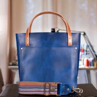 SoRetro Verdura Perfect FYG Leather Crossbody Tote – Mare Forte Cobaltiniossimo with Serape Stripes Surprise on Mocha Cotton Webbing – Bronze Hardware