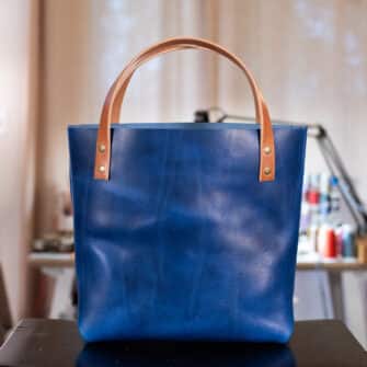 Alternative view of SoRetro Verdura Perfect FYG Leather Crossbody Tote – Mare Forte Cobaltiniossimo with Serape Stripes Surprise on Mocha Cotton Webbing – Bronze Hardware