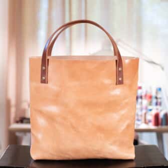 Alternative view of SoRetro Perfect FYG Leather Crossbody Tote – Sweet Onion with Today's Rainbow on Cinnamon Cotton Webbing – Bronze Hardware
