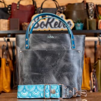 SoRetro Britannia Perfect FYG Leather Crossbody Tote – Stonebridge with Exclusivo Venetian Arches Ocean on Wintergreen Cotton Webbing – Silver Hardware