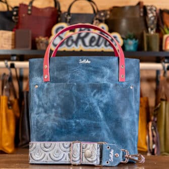 SoRetro Britannia Perfect FYG Leather Crossbody Tote – Vox Blue with Exclusivo Venetian Arches Platinum on Fuchsia Cotton Webbing – Silver Hardware