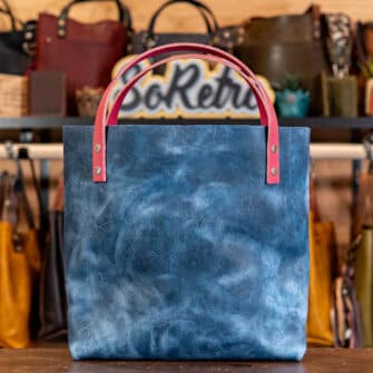 Alternative view of SoRetro Britannia Perfect FYG Leather Crossbody Tote – Vox Blue with Exclusivo Venetian Arches Platinum on Fuchsia Cotton Webbing – Silver Hardware
