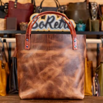 Alternative view of SoRetro Perfect FYG Leather Crossbody Tote – Michigan Maple with Limited Mystic Paisley on Brick Red Cotton Webbing – Chromalusion Hardware
