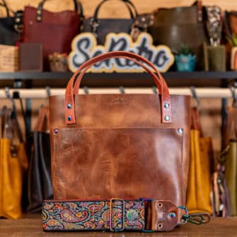 SoRetro Mini+ FYG Leather Crossbody Tote – Michigan Maple with Limited Mystic Paisley on Brick Red Cotton Webbing – Chromalusion Hardware - BRANDED
