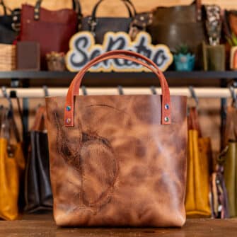 Alternative view of SoRetro Mini+ FYG Leather Crossbody Tote – Michigan Maple with Limited Mystic Paisley on Brick Red Cotton Webbing – Chromalusion Hardware - BRANDED