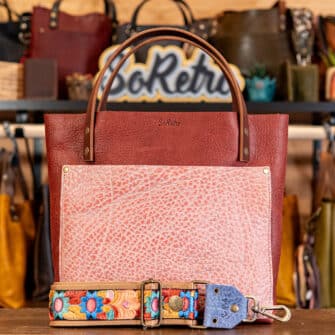 SoRetro Two Tone Perfect FYG Leather Crossbody Tote – Rockfire Rosie Sakura Patch with Exclusivo Totem Flowers Sage on Simply SoRetro Sandstone Webbing – Bronze Hardware