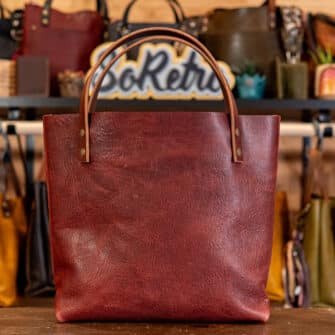 Alternative view of SoRetro Two Tone Perfect FYG Leather Crossbody Tote – Rockfire Rosie Sakura Patch with Exclusivo Totem Flowers Sage on Simply SoRetro Sandstone Webbing – Bronze Hardware