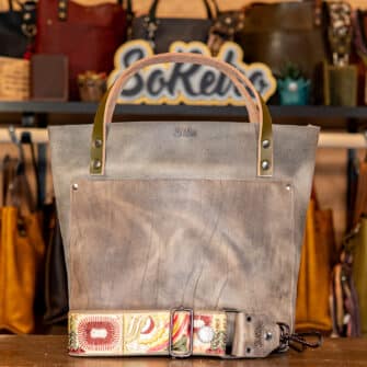 SoRetro Verdura Perfect FYG Leather Crossbody Tote – Funghi Selvatici with Funghi Per L’insalata with Exclusivo Little House on the Prairie Autumn on Khaki Cotton Webbing – Gunmetal Hardware