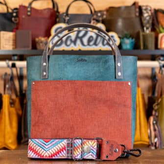 SoRetro Two Tone Verdura Perfect FYG Leather Crossbody Tote – Formaggio Blu and La Tela Ruggine with Exclusivo Serrania Prism on Dark Teal Cotton Webbing – Gunmetal Hardware
