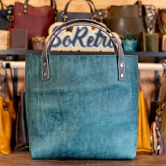 Alternative view of SoRetro Two Tone Verdura Perfect FYG Leather Crossbody Tote – Formaggio Blu and La Tela Ruggine with Exclusivo Serrania Prism on Dark Teal Cotton Webbing – Gunmetal Hardware