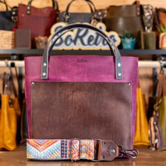 SoRetro Two Tone Verdura Perfect FYG Leather Crossbody Tote – Prugna Succosa and Pumpernickel with Exclusivo Serrania Sunrise on Eggplant Cotton Webbing – Gunmetal Hardware