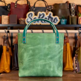 Alternative view of SoRetro Mini+ FYG Leather Crossbody Tote – Alicia's Pool Party Green with Geodesic Rainbow on Spearmint Cotton Webbing – Chromalusion Hardware