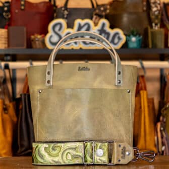 SoRetro Especial Reservo Mini+ FYG Leather Crossbody Tote – Dorene's Osterizer with Exclusivo Casino Carpet Jade on Khaki Cotton Webbing – Gunmetal Hardware