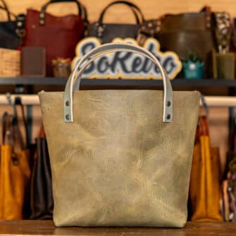 Alternative view of SoRetro Especial Reservo Mini+ FYG Leather Crossbody Tote – Dorene's Osterizer with Exclusivo Casino Carpet Jade on Khaki Cotton Webbing – Gunmetal Hardware