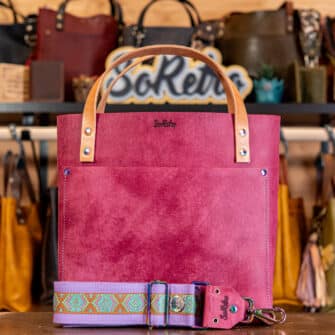 SoRetro Verdura Perfect FYG Leather Crossbody Tote – Malva Toscana with Limited Coastal Sunrise Diamonds on Lavender Cotton Webbing – Chromalusion Hardware