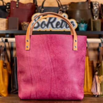 Alternative view of SoRetro Verdura Perfect FYG Leather Crossbody Tote – Malva Toscana with Limited Coastal Sunrise Diamonds on Lavender Cotton Webbing – Chromalusion Hardware