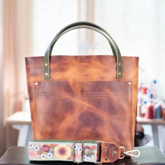 SoRetro Especial Reservo Stitch Sitch Perfect FYG Leather Crossbody Tote - Aged Oak Barrel No. 7 with Exclusivo Dahlia Sunshine on Olive Cotton Webbing - Bronze Hardware