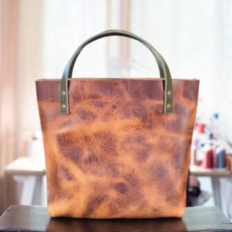 Alternative view of SoRetro Especial Reservo Stitch Sitch Perfect FYG Leather Crossbody Tote - Aged Oak Barrel No. 7 with Exclusivo Dahlia Sunshine on Olive Cotton Webbing - Bronze Hardware