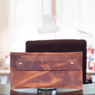 Alternative view of SoRetro Especial Reservo Stitch Sitch FYG Crossbody Clutch - Aged Oak Barrel No. 7 with Exclusivo Dahlia Sunshine on Olive Cotton Webbing - Bronze Hardware