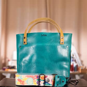 SoRetro Verdura Mini+ FYG Leather Crossbody Tote – Mar Mediterraneo with Limited Hamsa Magic Mushrooms on Wintergreen Cotton Webbing - Gunmetal Hardware