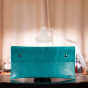 Alternative view of SoRetro Verdura FYG Crossbody Clutch - Mar Mediterraneo with Limited Hamsa Magic Mushrooms on Wintergreen Cotton Webbing - Gunmetal Hardware