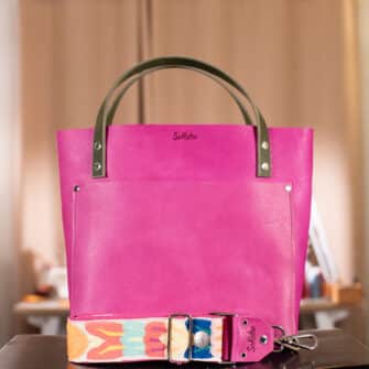 SoRetro Especial Reservo Perfect FYG Leather Crossbody Tote – Pink Lemonade Blueberry with Limited Hamsa Butterflies on Raspberry Cotton Webbing - Silver Hardware