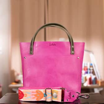 SoRetro Especial Reservo Mini+ FYG Leather Crossbody Tote – Pink Lemonade Blueberry with Limited Hamsa Butterflies on Raspberry Cotton Webbing - Silver Hardware