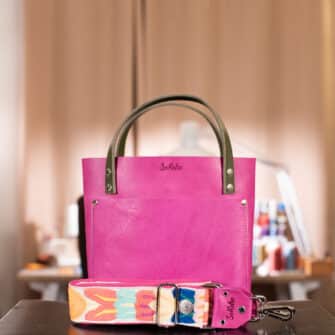 SoRetro Especial Reservo Mini FYG Leather Crossbody Tote - Pink Lemonade Blueberry with Limited Hamsa Butterflies on Raspberry Cotton Webbing - Silver Hardware