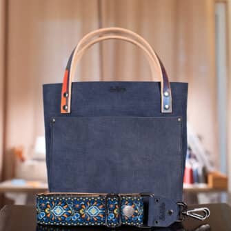 SoRetro Verdura Mini+ FYG Leather Crossbody Tote – La Tela Mezzanote with Bayview Sunset on Simply SoRetro Sandstone Webbing – Gunmetal Hardware