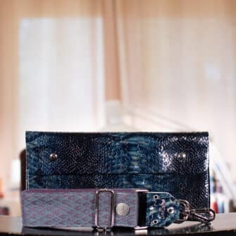 SoRetro Verdura FYG Crossbody Clutch - Some Kind of Blueish Snek with Heritage Thunderbolt Bay on Eggplant Cotton Webbing - Silver Hardware