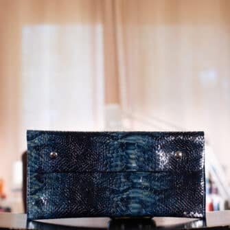 Alternative view of SoRetro Verdura FYG Crossbody Clutch - Some Kind of Blueish Snek with Heritage Thunderbolt Bay on Eggplant Cotton Webbing - Silver Hardware