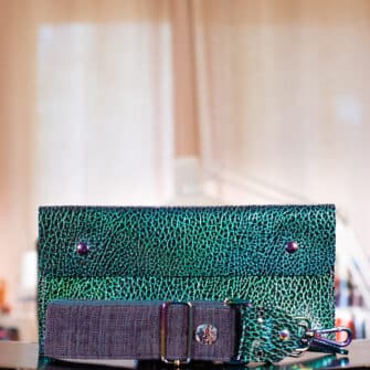 SoRetro Verdura FYG Crossbody Clutch - Lago del Drago with Heritage Cape Meares Lake on Dark Teal Cotton Webbing - Chromalusion Hardware