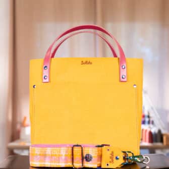 SoRetro Verdura Perfect FYG Leather Crossbody Tote – La Tela Zucca Gialla with Heritage Betsie River Sunshine on Pink Cotton Webbing – Chromalusion Hardware