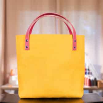 Alternative view of SoRetro Verdura Perfect FYG Leather Crossbody Tote – La Tela Zucca Gialla with Heritage Betsie River Sunshine on Pink Cotton Webbing – Chromalusion Hardware