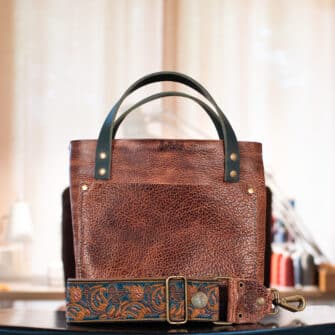 SoRetro Especial Reservo Mini FYG Leather Crossbody Tote - The Great Sequoia Tatanka with Limited Pike Bay Paisley Teal on Mocha Cotton Webbing - Bronze Hardware - Perfectly Imperfect