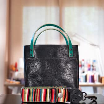 SoRetro Especial Reservo Mini FYG Leather Crossbody Tote - The Crispy Black Sakura with Heritage Soverel Stripes Retro on Olive Cotton Webbing - Gunmetal Hardware